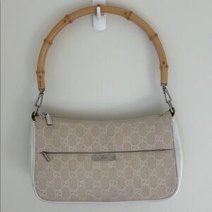 Vintage Gucci Beige GG Canvas Shoulder Bag with Bamboo Handle